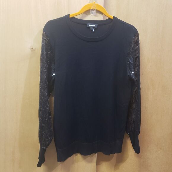 DKNY black sweater with sheer sequined sleeves Sz M III EXCELLENT CONDITION! - Picture 1 of 5